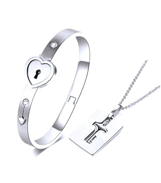 His and Hers Love Heart Key Lock Bangle Bracelet & Pendant Necklace