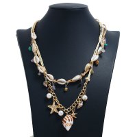 N2382 - Multi-layer starfish and conch tassel necklace