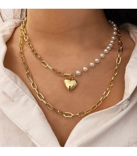 XN018 - Simple multi-layer pearl chain heart pendant