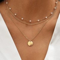 XN022 - Retro pearl disc pendant multi-layer necklace